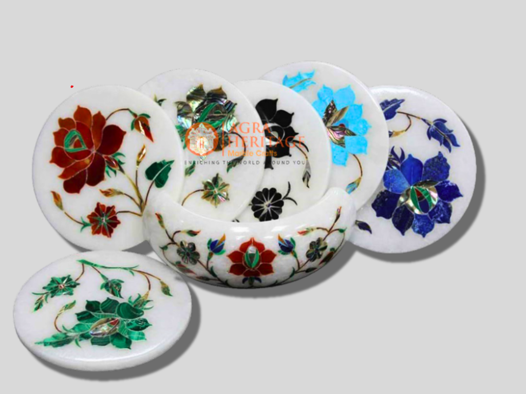 Multi Inlay Floral Design Marble Round Coasters